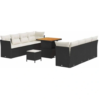Image of vidaXL 11 Piece Garden Sofa Set with Cushions Black Poly Rattan Acacia