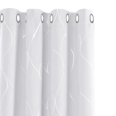 Image of Deconovo Eyelet Blackout Curtains, Thermal Insulated Silver Wave Line Foil Printed Curtains for Living Room, 46 x 72 Inch(Width Length), Grey, one pair