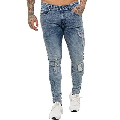 Image of 989Zé ENZO Mens Skinny Super Stretch Fit Ripped Denim Jeans All Waist Sizes (28W / 32L, Light Blue)