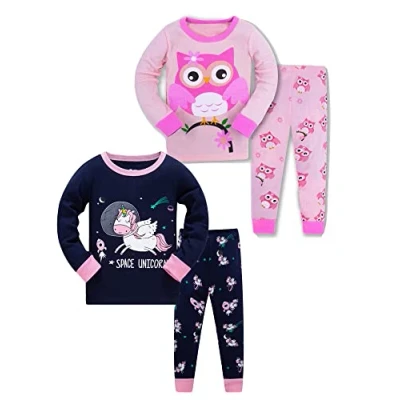 Image of SOIBEEN Girls Pyjamas Set Sleepwear Unicorn Owl Pajamas 100% Cotton PJs 12 Years Toddler Clothes Long Sleeve 4 Piece