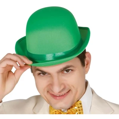 Image of FIESTAS GUIRCA Adult Satin Deluxe Bowler Hat Green Clown Fancy Dress Up Colourful Halloween Cosplay World Book Day Circus Unisex One Size