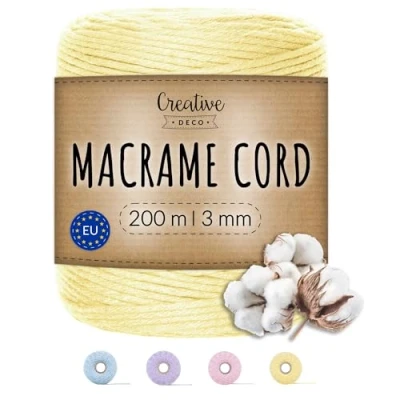 Image of Creative Deco 656 Feet Pastel Yellow Macrame Cord 200m 3mm Thickness 30 Ply Cotton Polyester Rope String Yarn Twine Elastic for Easter Arts and Crafts DIY Gift Wrapping Thick Strong