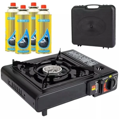 Image of Faboer Black Portable Camping Stove with Cary Case &amp; 4 Butane Gas EN417 Compliant Premium Automatic Ignition Heat Control
