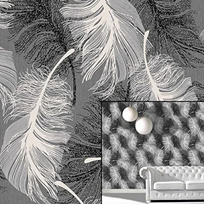 Image of Coloroll Feather Blown Vinyl Wallpaper in Black &amp; White M0925
