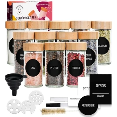 Image of Happy Lemuro Round spice jars [12 x 100ml] 399 labels, bamboo lid containers with wooden lids &amp; lots of accessories. jar set, set 24, storage organizer