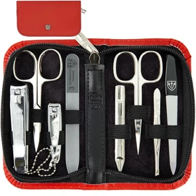 Image of 3 Swords Germany brand quality 8 piece manicure pedicure grooming kit set with red genuine leather case Made by