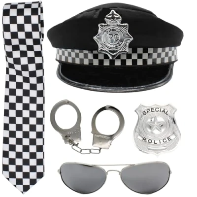 Image of Police Fancy Dress Hat Badge Handcuffs Sunglasses and Black White Check Tie
