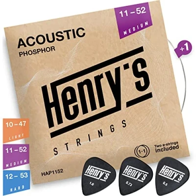 Image of Medium Acoustic Guitar Strings 11 52 Extra E1 String &amp; 3 Picks Bonus Phosphor Bronze 6 Set