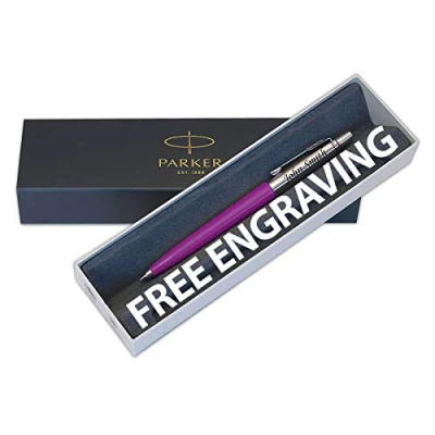 Image of PARKER jotter Purple Engraved Personalised 90,s Edition Ballpoint Pen Medium Blue ink, perfect gift for Graduation, Birthdays, Leaving Gifts, Engrave your name or an expression. (Gift Box)