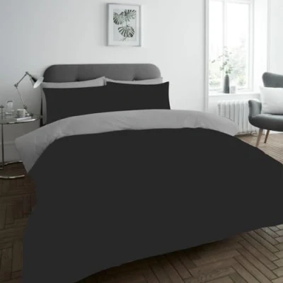 Image of Lions Plain Dye Bedding King Size Duvet Sets with Pillowcase, Ultra Soft Reversible Two Color Quilt Covers, Grey Black Microfibre Material 230x220cm