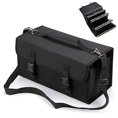 Image of BTSKY 120 Slots Large Capacity Multi Layer Canvas Marker Case with Shoulder Strap for Primascolor Markers and Copic Sketch Markers, Lipstick Storage Bag (Markers Not Included) (Black)