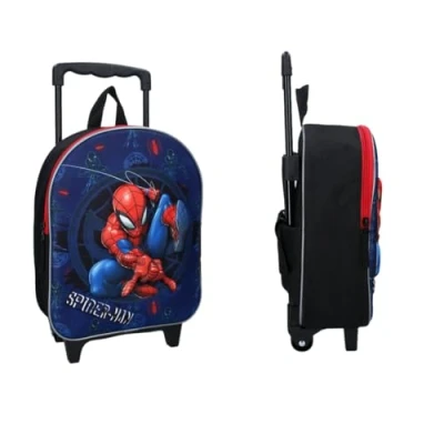 Image of mybagstory Spiderman 3D Backpack with Wheels Blue for Children Boys Trolley Child School Kindergarten Daycare Boy Size 32 cm Adjustable Straps Gift Idea, Blue,