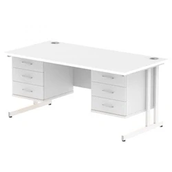 Image of Impulse 1600x800 Desk White Cantilever Leg + 2x Fixed Pedestal