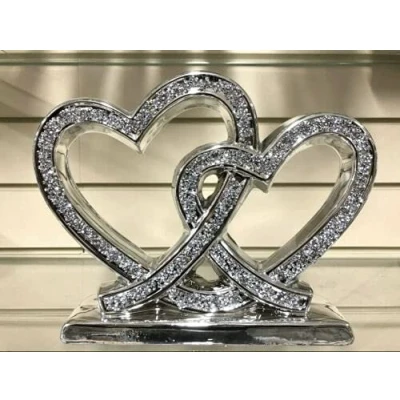 Image of DEENZ Crushed Diamond Double Heart Square Base Beautiful Decorative Shelf Ornament Sparkle