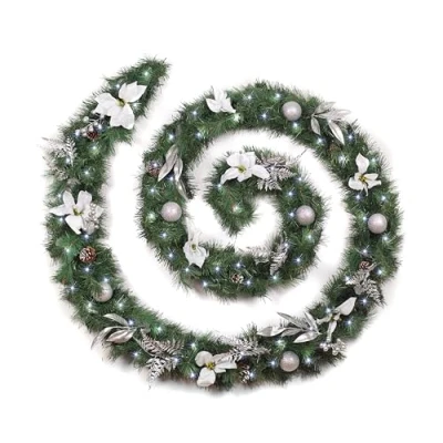 Image of Best Artificial White/Silver Decorated Christmas Garland with 100 Bright White LED Battery Lights (12ft Garland)