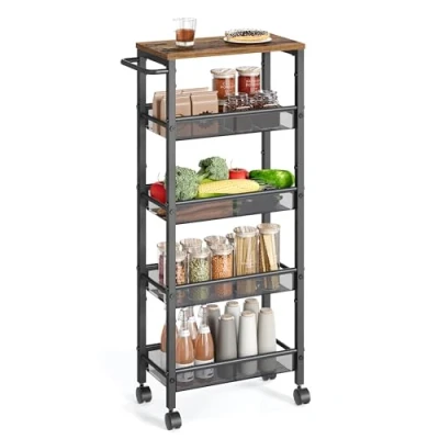 Image of VASAGLE 5 Shelf Trolley, Space Saving Kitchen Cart with Castors, Steel Frame, Handle, Trolley for Small Spaces, Bathroom Living Room Studio, Rustic Brown and Black LRC035B01