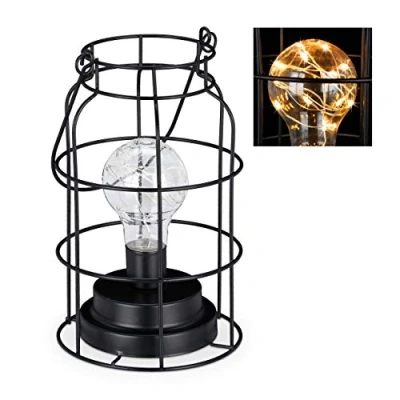 Image of Relaxdays Table Lamp, Grid Light, LED Bulb, Warm White, Battery, Wire, Vintage, Decorative, Industrial Design, Black, Iron
