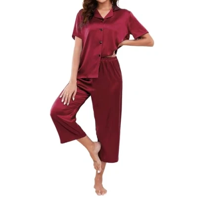 Image of Reliwel Women&#039;s Pyjama Sets Silk Pyjamas for Women Short Sleeve Top Cropped Pant two Pieces Button Down Pjs Ladies Bridesmaid Comfy Sleepwear Loungewear Nightwear S Xxl Wine Red