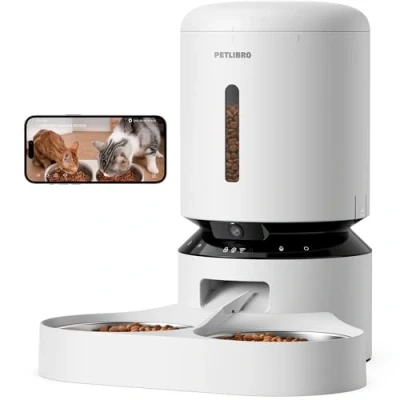 Image of PETLIBRO Automatic Cat Feeder with Camera, 1080P HD Video Night Vision, 5 GHz Wi Fi Pet for 2 Cats, App Control, Real Time Voice, Low Food &amp; Blockage Sensor, Motion Sound Alerts (White)