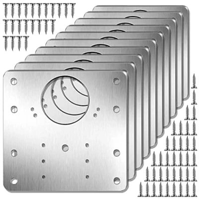 Image of Juliyeh N334 10Pcs Cabinet Hinge Repair Plate Kit Stainless Steel Cupboard Door Mounting with Holes Flat Fixing Brace Brackets 60 Pcs Screws, Silver, 90x90x1 mm