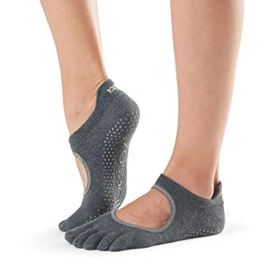 Image of ToeSox TOESL Unisex Adult Full Toe Bellarina Yoga &amp; Pilates Grip Sock Charcoal Grey w/Lime, M