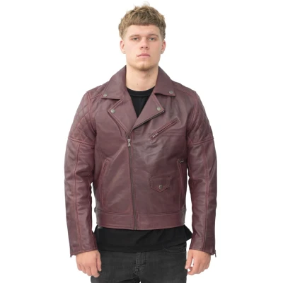 Image of Mens Cross Zip Leather Retro Burgundy Red Quilted Biker Jacket