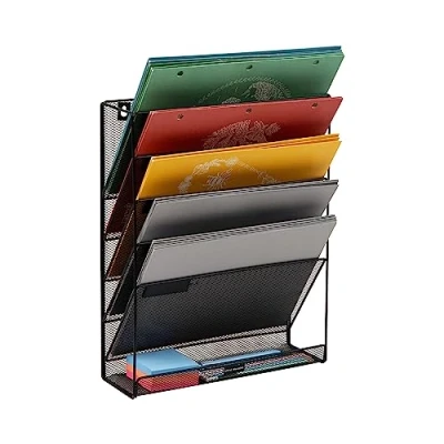 Image of Mind Reader Wall Mounted Document Holder, Paper, File Tray, Office Organizer, 6 Compartment, Metal mesh, Black Comp, 12.75 (L) x 4.25 (W) 16 (H) inches