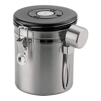 Image of Café Olé Stainless Steel Bean &amp; Ground Coffee Storage Canister, 750g Day/Date Tracking Dial, Measuring Scoop, Airtight Vacuum Seal, Silver