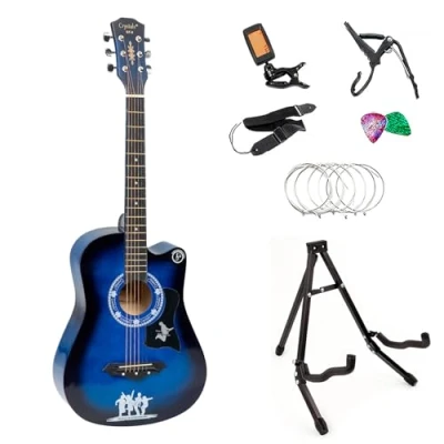 Image of Crystals 38 Classical Acoustic Guitar, Full pack Size 4/4 With Accessories 6 Strings Guitar Stand, Portable Plectrums, Tuner, Bag &amp; Strap (Blue Stand)