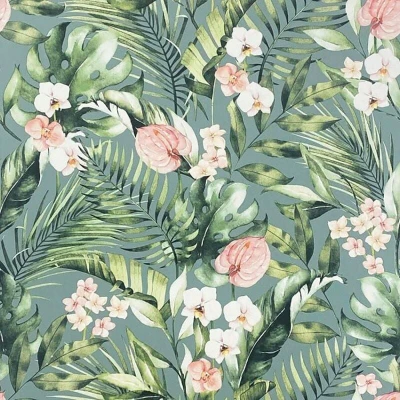 Image of Arthouse Tropical Floral Sea Blue Wallpaper Bold &amp; Contemporary Design Pink Flowers Green Palm Leaves on Background Paste The Paper Method 1005 x 53cm