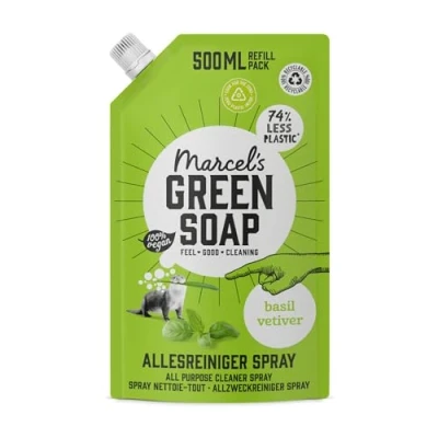 Image of Marcel&#039;s Green Soap All purpose Spray Refill Basil &amp; Vetiver Cleaning Saves 76% of plastic Eco friendly 100% Vegan 97% Biodegradable 500 ML