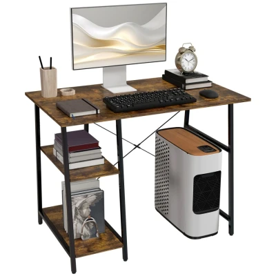 Image of HOMCOM Computer Desk with Storage, Industrial Home Office 2 Tier Shelves and Steel Frame, Table for Study Room, Rustic Brown