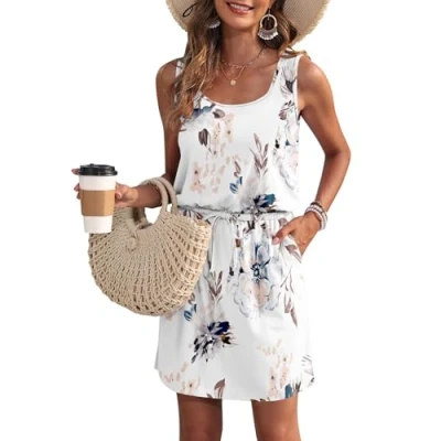 Image of WNEEDU Summer Dresses Women UK Darwstring Beach Emprie Waist Sundresses with Pockets Floral White L