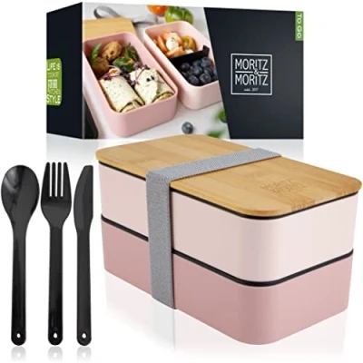 Image of Moritz &amp; Bento Box Pink Perfect Lunch Boxes for Adults and Children Lunchbox with compartments ideal work, school or travelling