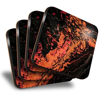 Image of Destination Vinyl ltd Great Coasters (Set of 4) Square Orange Black Fluid Abstract Painting Drink Glossy Coasters/Tabletop Protection for Any Table Type #45936