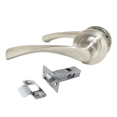 Image of Epsom Door Handle Internal Satin Nickel Twist Set, Interior Latch Lever on Rose, Satin, Latch, Bedroom, Front Pair (1 of Handles + Tubular Latch)