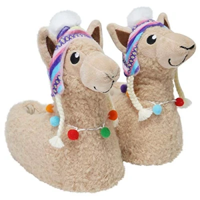 Image of Girls Childrens Cute Llama Head 3D Slipper with Pom &amp; Peruvian Hat Non Slip Sole Size 9 10