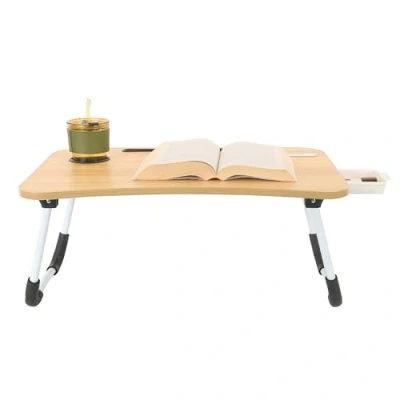 Image of Meta Laptop Table with drawer, Lap Tray, desk Foldable Breakfast Tray for Sofa, Bed, Terrace, Balcony, Garden(Wood)