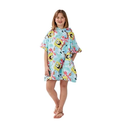 Image of DRYMEE Officially Licensed Wearable Hooded Towel For The Beach Or Pool Perfect Kids, Girls Boys Aged 7 12 Years, One Size Suggested Height 85cm+, Spongebob Squarepants Design