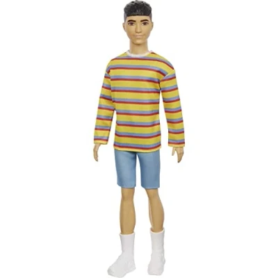 Image of Barbie GRB91​ Ken Fashionistas Doll #175 with Sculpted Brunette Hair Wearing a Long sleeve Colorful Striped Shirt, Multicolor, 31.75 cm*5.08 cm*11.43 cm