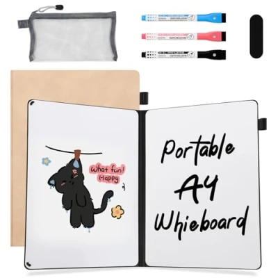 Image of AGM Dry Erase Mini Whiteboard A4, 30 x 21.5cm Double Sided Desk White Board with 3 Colored Pens, 1 Eraser, Mesh Bag, Portable Writing for Studying, Meetings, Note Taking, and Doodling Pink