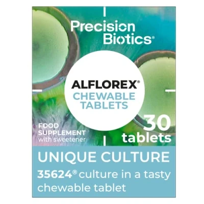 Image of Alflorex Chewable Daily Gut Health Probiotics Supplement with Unique Bifidobacterium Longum Bacteria Strain 35624 Bacterial Cultures Strawberry &amp; Banana Flavour 30 Tablets