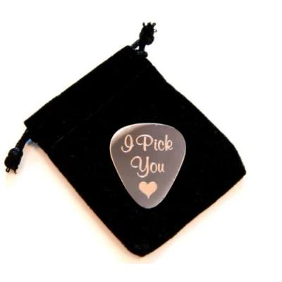 Image of Personalised Silver Plated 1mm &quot;I Pick You&quot; Engraved Guitar Plectrum in Velvet Pouch Enter Your Own Custom Text