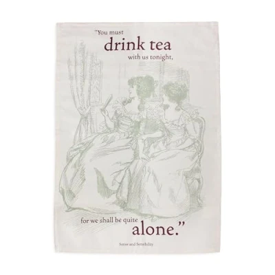 Image of Half Moon Bay Must Drink Tea Sense and Sensibility Jane Austen Green/Maroon 25 x 18 Inch 100% Recycled Cotton Kitchen Towel