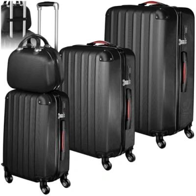 Image of TecTake® Hard Shell Suitcase Set, Lightweight Suitcases with TSA Lock Including Large, Medium, Small Carry On and Beauty Case, 360 Degree Wheels, Ergonomic Telescopic Handle Black