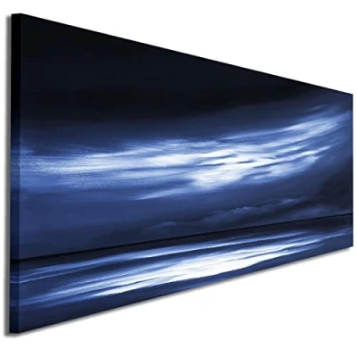 Image of Wallfillers Indigo Blue White Abstract Sunset Modern Canvas Wall Art 1332 XS 82x34cm
