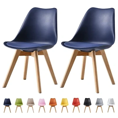Image of mcc direct Set of 2 Dining Chairs Wooden Legs Soft Cushion Pad Stylish DELUXE Retro Lounge Office EVA (Blue)