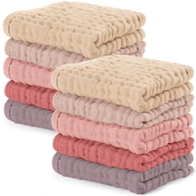 Image of Comfy Cubs Muslin Cloths for Baby Pack of 10 Soft 6 Layer Cotton Delicate Skin 25 x cm Large Size Absorbent, Durable, Gentle Wash Cloth Newborns and Toddlers Multi Girl