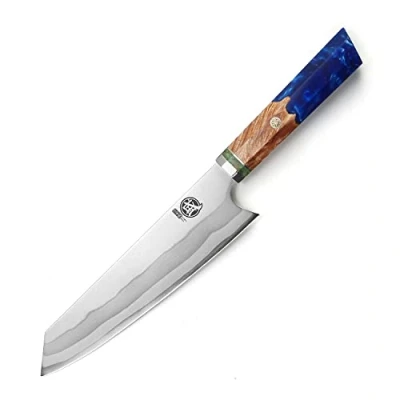 Image of MITSUMOTO SAKARI Professional Japanese Knife, 8 inch Kiritsuke Sushi Kitchen Knives, Hand Forged 7 Layers 440C Damascus Steel Chef Knife (Blue Pomegranate Handle &amp; Sandalwood Box)