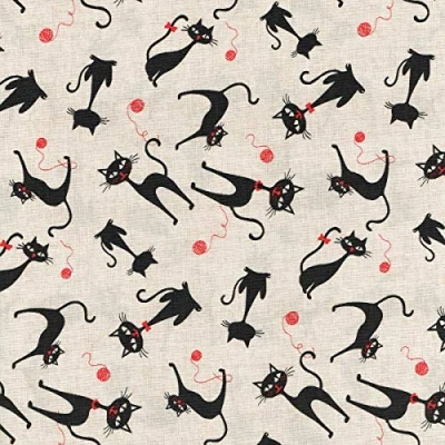 Image of Textiles français Cheeky Black Cat Fabric (Linen Pearl and Red) 100% Cotton Designer Print 140cms (55&quot;) wide Half metre